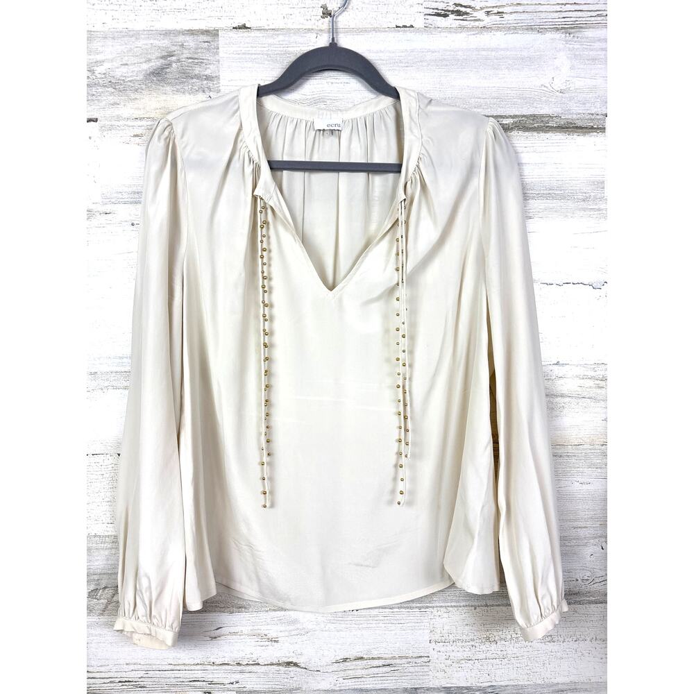 ECRU Womens L Cream Gold Beaded Silk Viscose Long Sleeve Pullover Blouse NEW